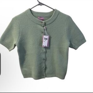 NWOT Muse Silver Bow Button Mint Green Short Sleeve Cardigan Sweater Sz SP